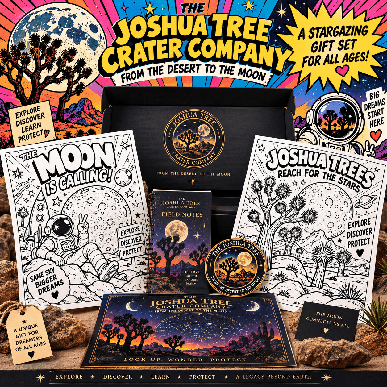 The Joshua Tree Crater Company stargazing gift set, with coloring pages, a field notes journal, a star chart and a sticker laid out around a black keepsake box